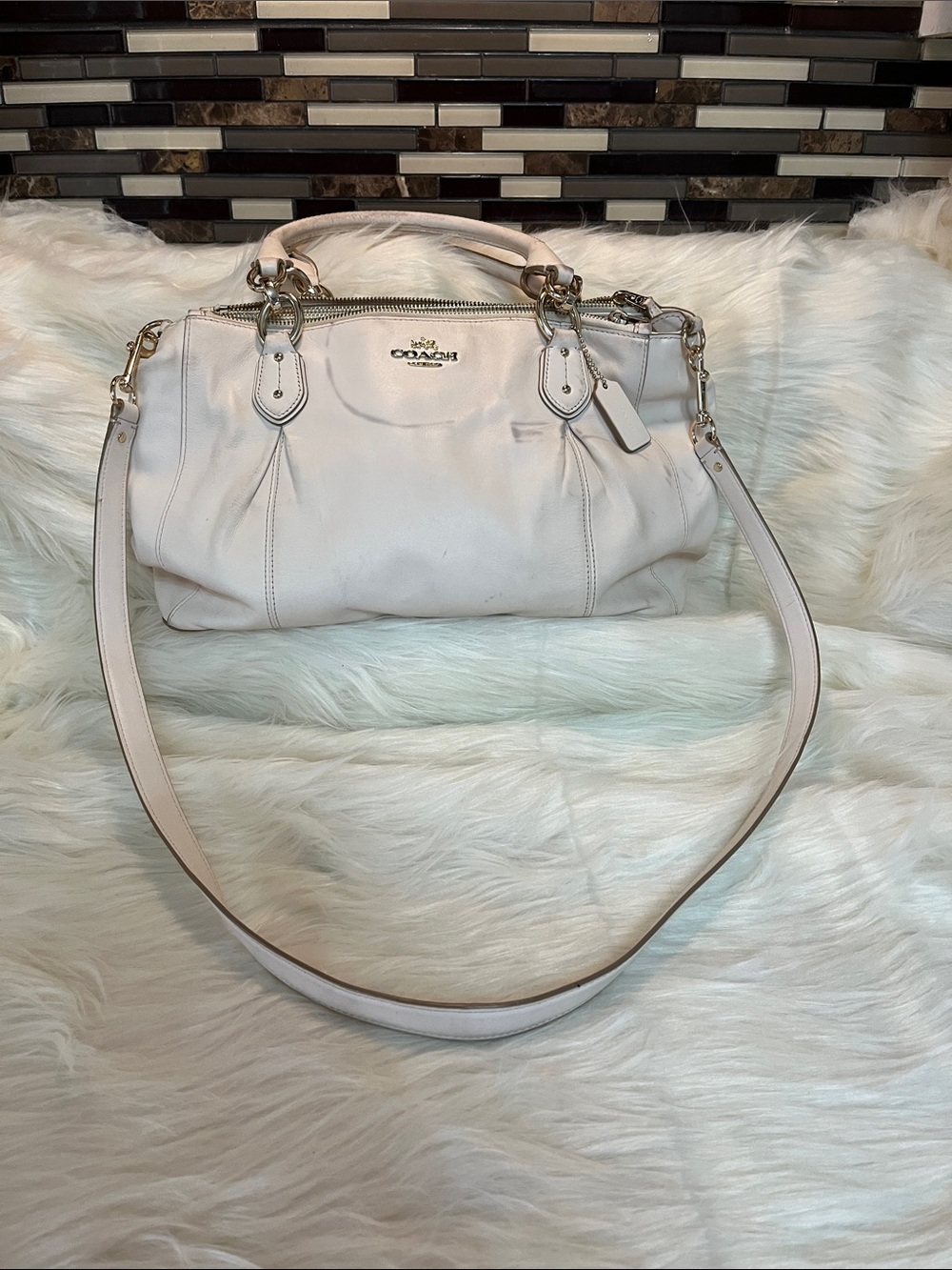 Coach Cream Leather Shoulder Satchel with Detachable Strap
